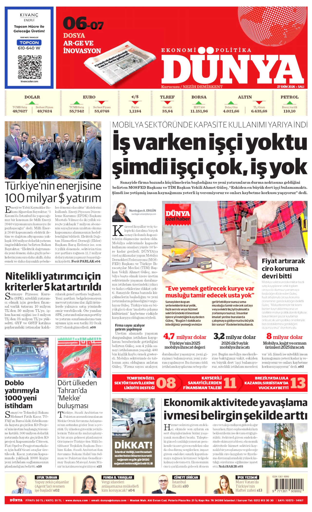 Dünya Gazetesi gazetesi manşeti