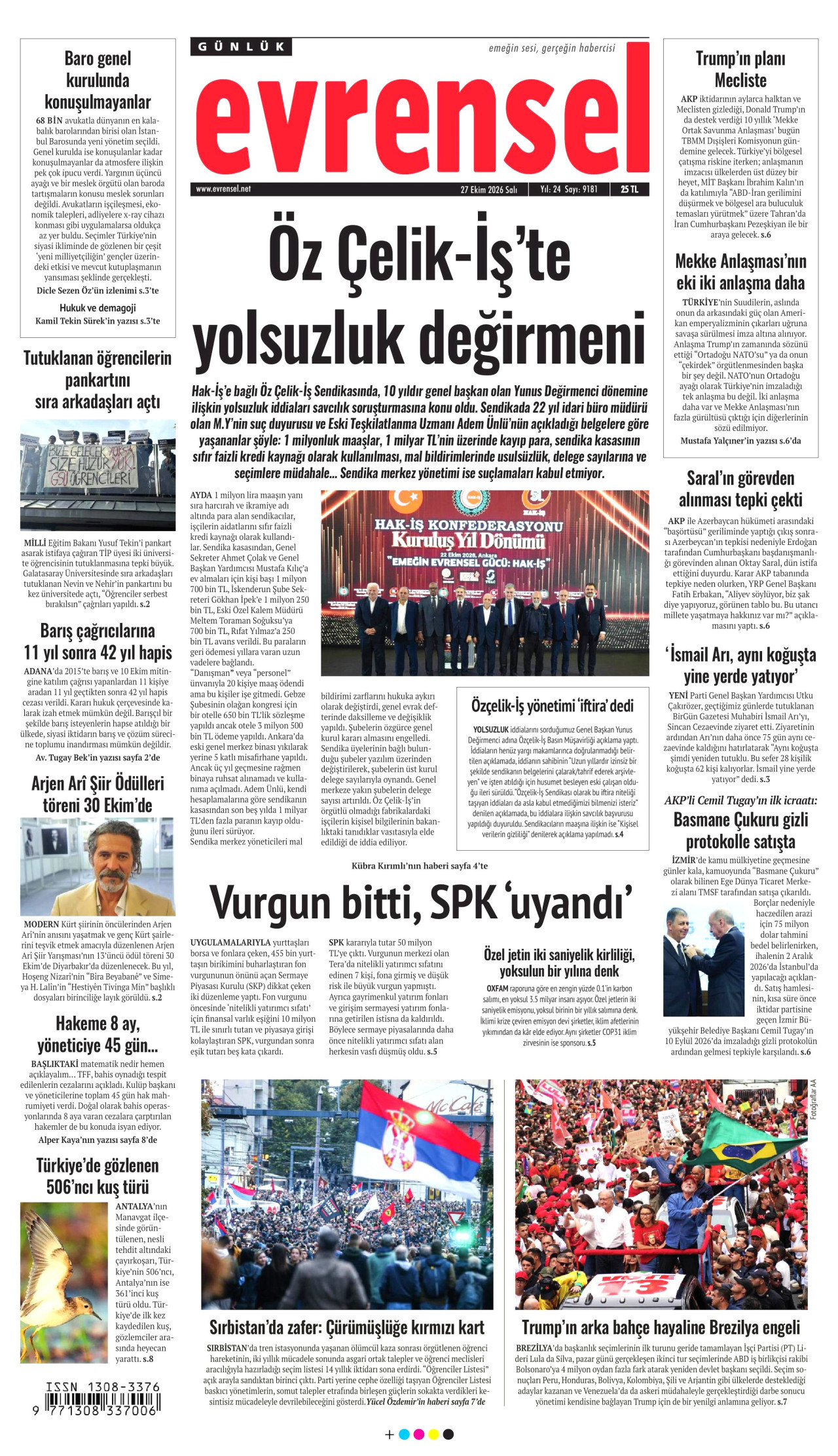 Evrensel Gazetesi gazetesi manşeti
