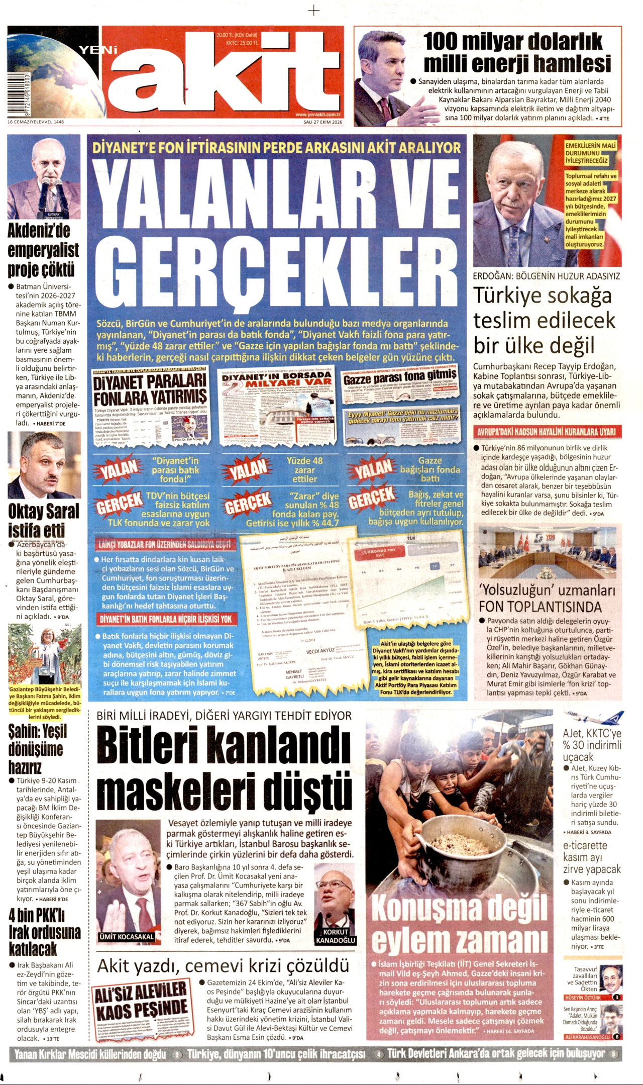 Yeni Akit Gazetesi gazetesi manşeti
