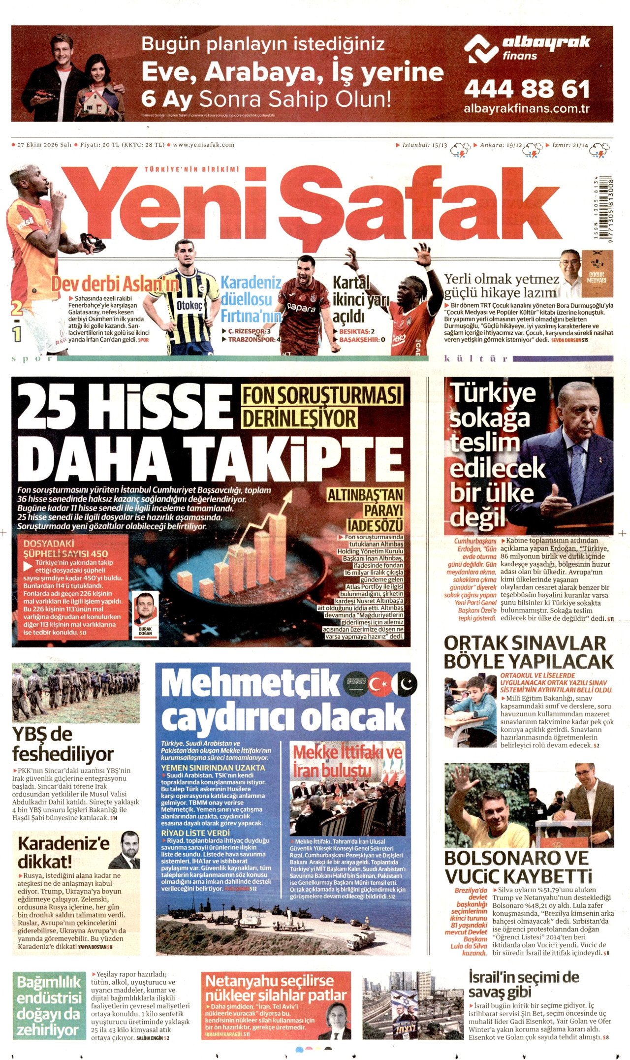 Yeni Şafak Gazetesi gazetesi manşeti